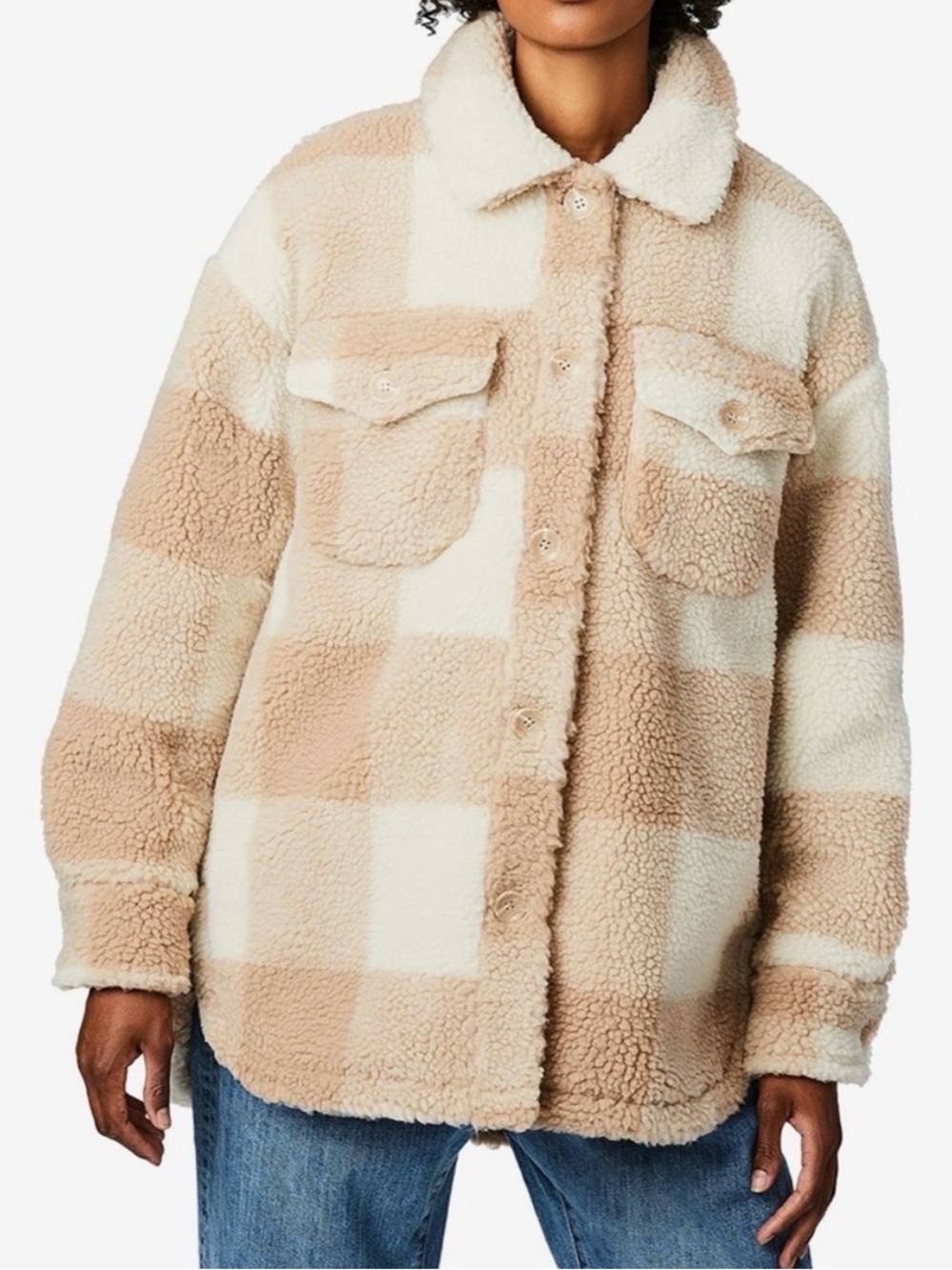 Bernardo Checkered Sherpa Teddy Coat Large Trucker Jacket Neutral Cream Plaid